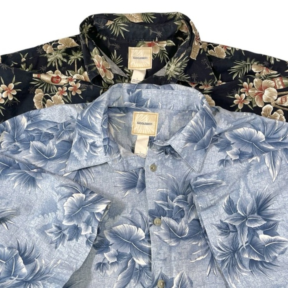 Saddlebred L Blue Black Hawaiian Shirt Set Tropical Floral Cocktail Dadcore